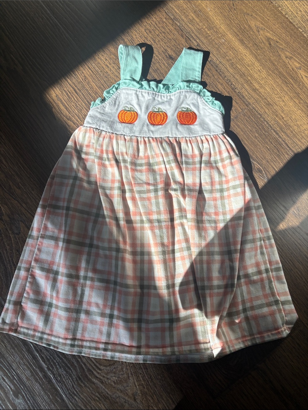Girls' Mint & Orange Pumpkin Plaid Sundress - Cute Fall Dress